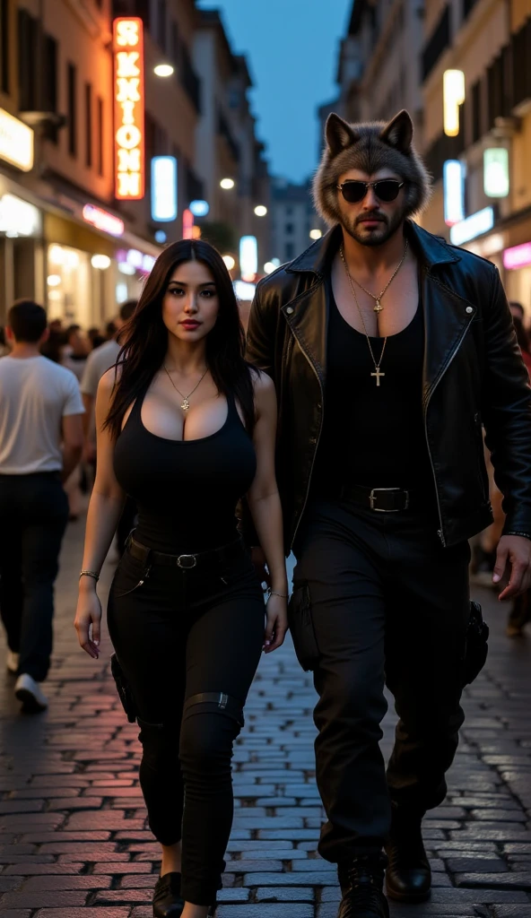 Create an image featuring a bald priest in his late 50s, tall and slim, wearing traditional black priest attire, including a clerical collar. He stands in front of a nightclub, characterized by vibrant neon lights and a bustling urban backdrop. Beside him is a 25-year-old woman who is a hooker. She has long, straight dark hair and is dressed in a provocative and stylish outfit, featuring a short skirt and a low-cut blouse, her blouse has a provocative neckline that highlights her youthful appearance. The scene captures a contrast between the solemnity of the priest and the lively, colorful nightclub setting. Both characters are facing the viewer, with the priest displaying a contemplative expression while the woman smiles subtly, suggesting a complex and intriguing interaction.