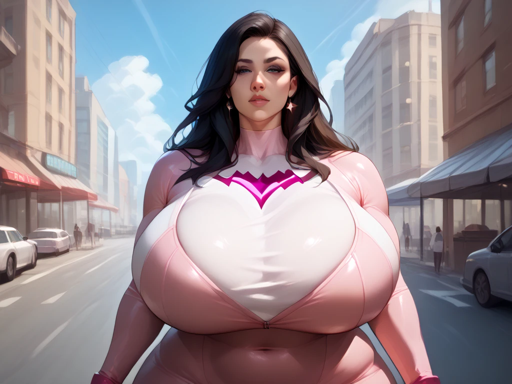 a girl in a gatchaman outfit, beautiful detailed eyes, beautiful detailed lips, extremely detailed eyes and face, long eyelashes, thick vertical striped pants, shopping in a busy street, medium: illustration, (best quality, 4k, 8k, highres, masterpiece:1.2), ultra-detailed, (realistic, photorealistic, photo-realistic:1.37), vibrant colors, dramatic lighting, cinematic composition, Hi3JTS, giga_busty,breasts
