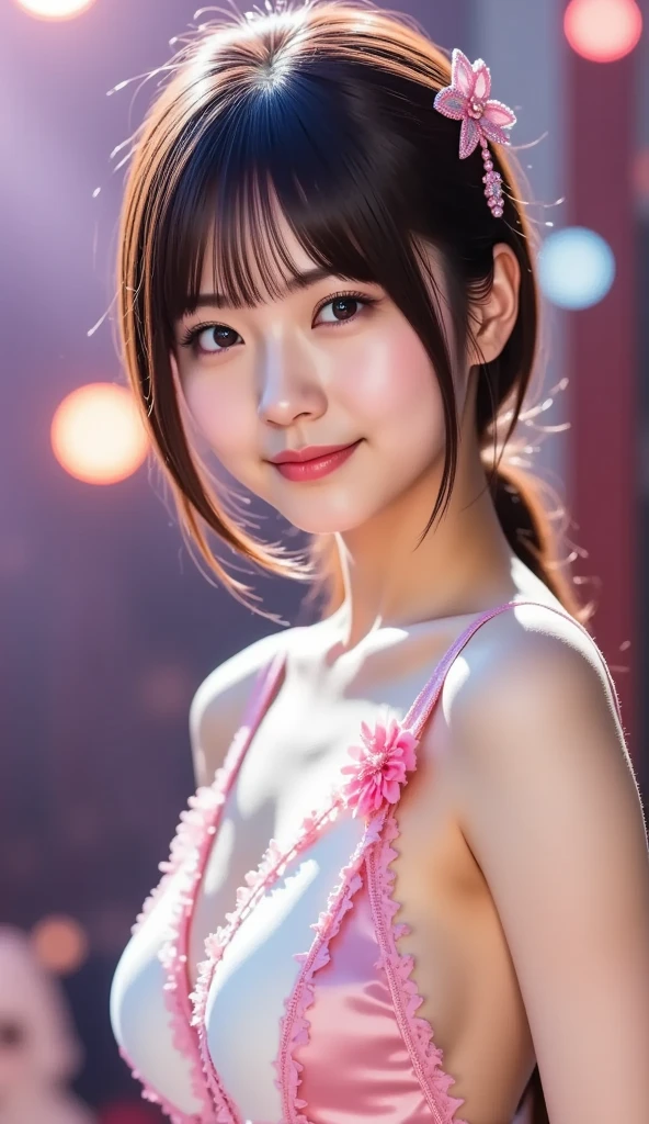 ((Best-quality, Masterpiece, Ultra-High-Resolution, (Photorealistic:1.4), Raw Photo, depth of field, professional lighting, perfect anatomy, extremely details, perfect face, perfect body, perfect hair, perfect hands, perfect fingers)), 1girl, 12-years-old, the most famous Japanese idol, walking Hiroshima's main street, (wearing summer dress with cute-design), (extremely cute face like the most popular Japanese idol, ((extremely cute and extremely big eyes)), extremely cute hair, extremely beautiful skins, extremely cute childish-body, extremely cute thighs), looking at viewer, innocent smile, detailed Hiroshima's-main-street
