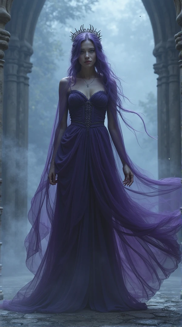 A shy, sexy, powerful purple female void elemental standing in front of a destroyed castle.