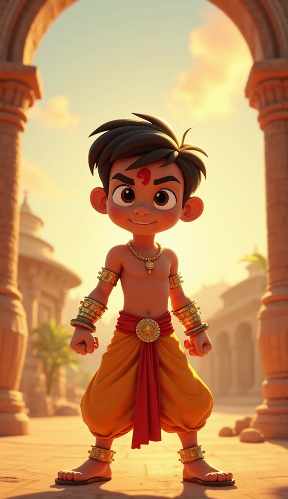 Create in cinematic 3D cartoon style. foreground, a young, noble prince named Rama, dressed in simple yet elegant