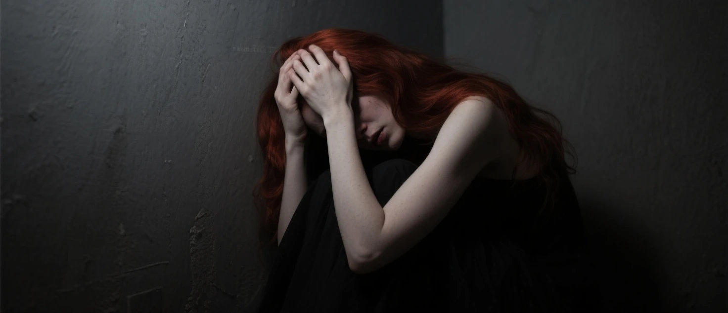 red-haired woman,in the darkness covering their ears in fear of the silence,alone in the darkness
