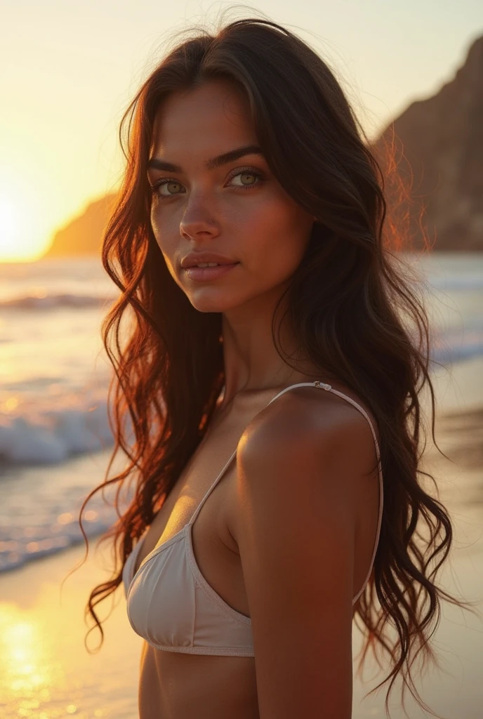 a beautiful girl with long wavy black hair, déshabiller sa robe, Debout au bord de la mer, showing him , Detailed face and eyes, intricate details, Photorealistic, 8k, high quality, natural lighting, cinematic, head of'artwork, spectacular, Sensuel, tetas grandes
