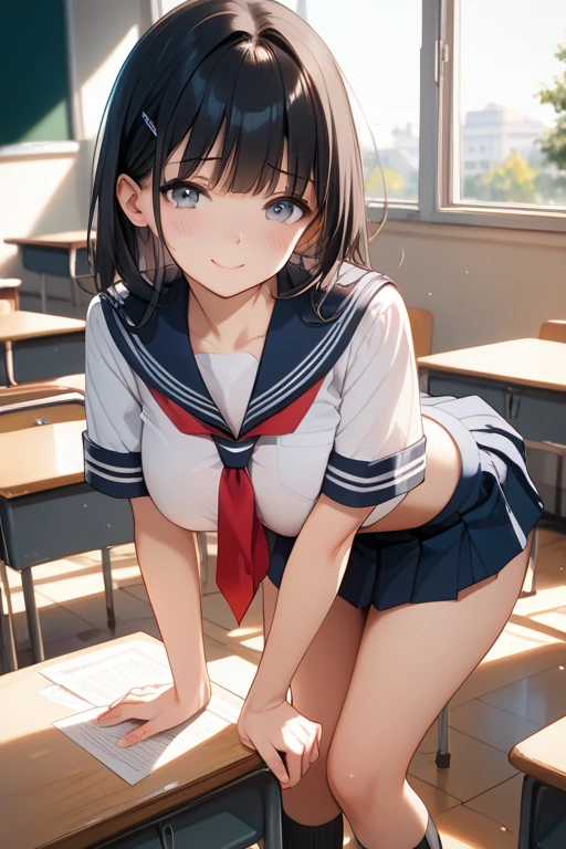 highest quality、High resolution、detailed background、Beautiful age girl、cute hairstyle、sexyilor suit、Sailor uniform with front opening、not wearing underwear、mini skirt、underboob、underboobが見える、underboobを強調する、emphasize big bre expression、toe、squat down、Looappily、Sleeping on the classroom floor