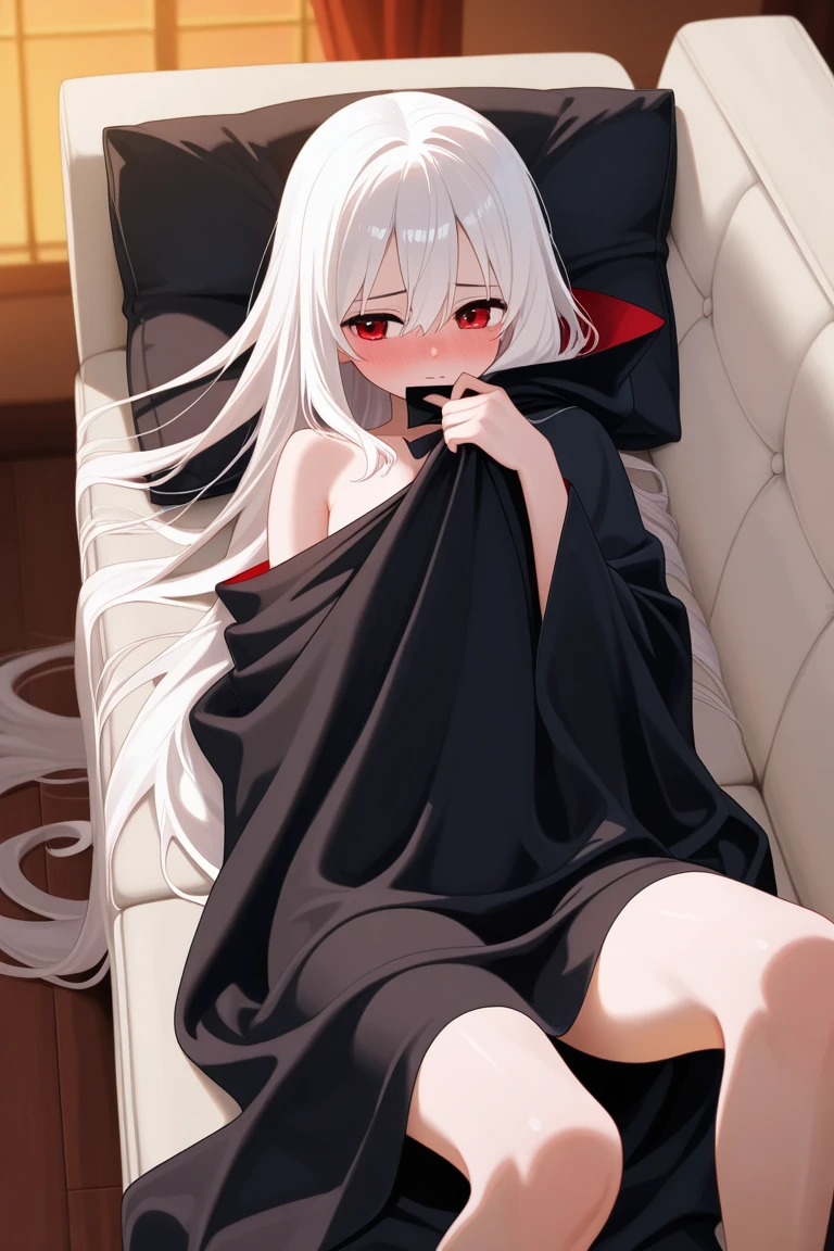 1Girl, red eyes, white hair, dark skin, cute, shirt, panty, showing under wear bottom, bedroom