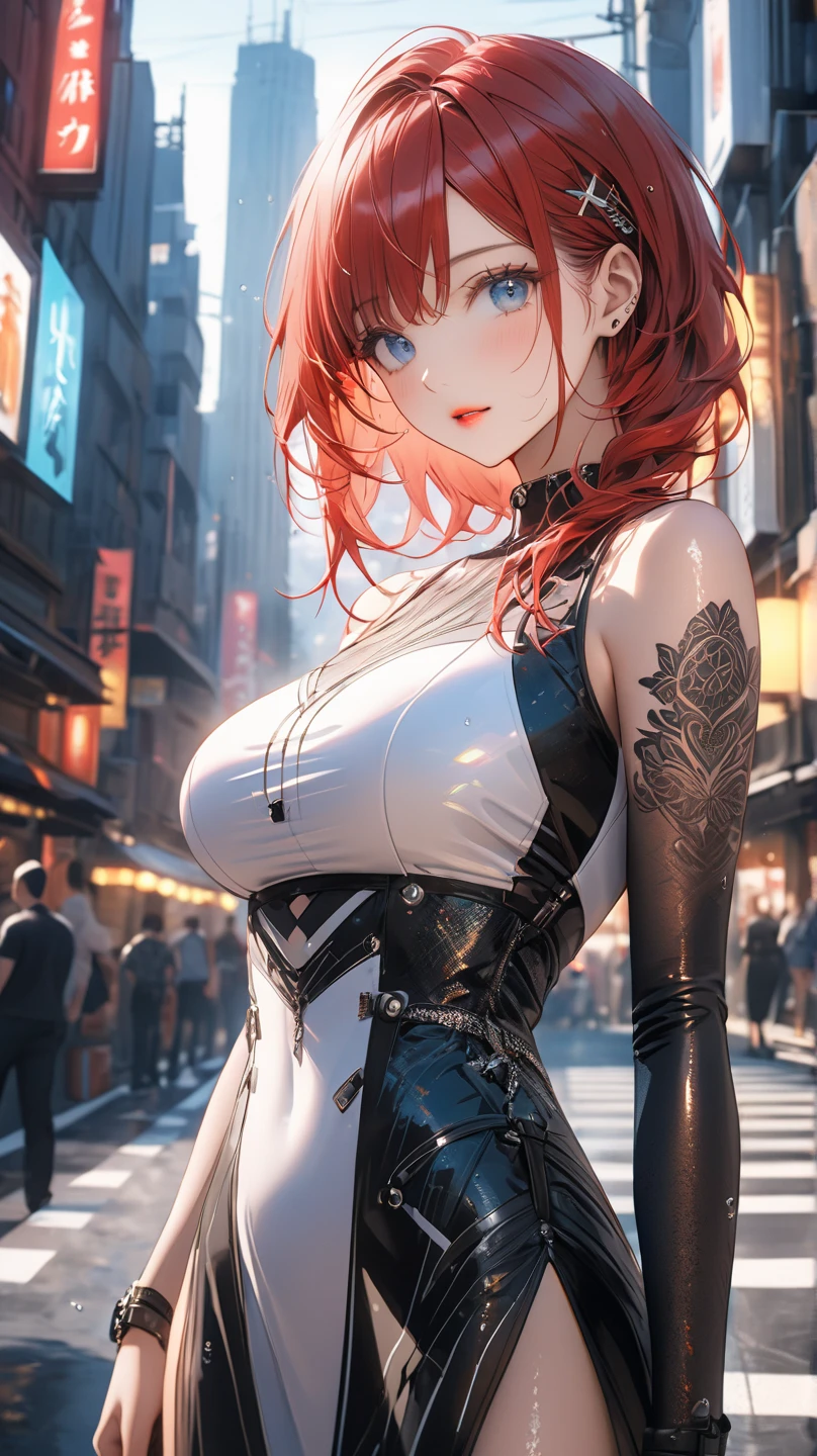 8k_wallpaper, extremely detailed eyes, extremely detailed body, (large masterpiece digital art), (detailed manga illustration), (detailed line art), ((perfect anatomy)), (intricate details:1.3), (ultra-detailed:1.3), (illustration:1.3), (sharp focus:1.3), (natural lighting:1.05), (vivid colors:1.3), high quality, expressive eyes, detailed face, beautiful face, perfect face, 1 girl, In her human-sized form, Rhode bears a striking resemblance to a mortal woman, with the exception of her pointed ears, which she conceals beneath her mane of red hair. Her features are delicate yet regal, with high cheekbones, a straight nose, and full lips. Her eyes retain their hazel color and faint glow, lending her an otherworldly allure. Her hair falls in thick waves around her shoulders, framing her face in a fiery halo.