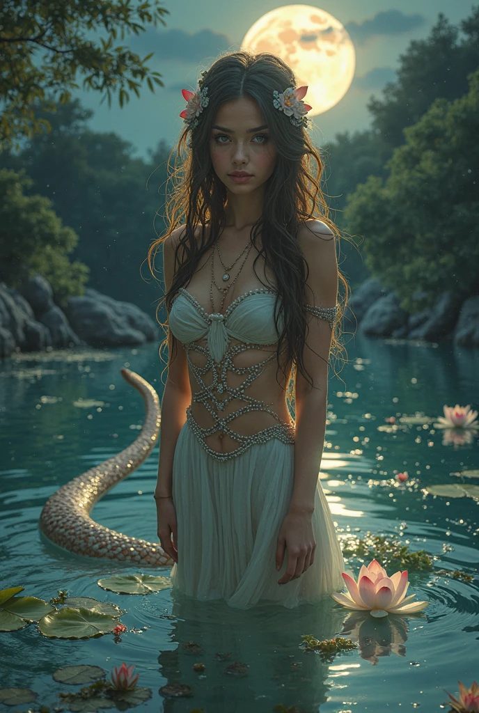 (Best quality, 8k, 32k, Masterpiece, UHD:1.2) water nymph welcomes you to her private lagoon, deep in the woods, jewelry, clothed, sfw, central europe, closeup, smile, renatadaninsky