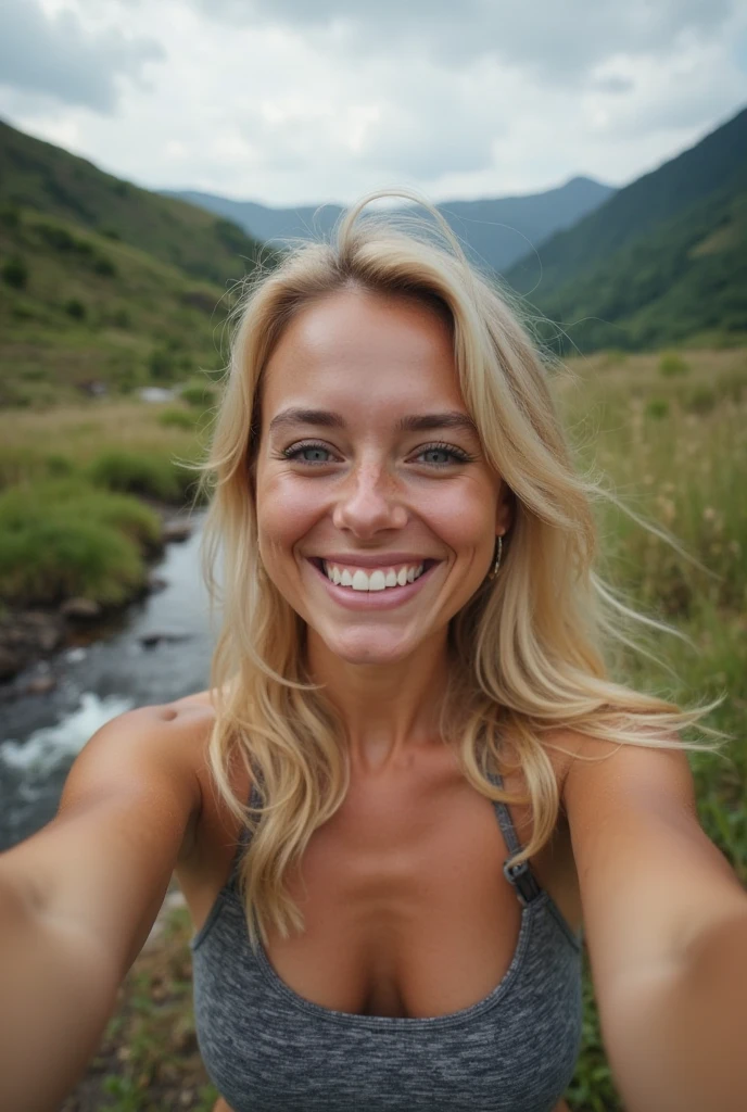 A blonde woman with a full body shot, her arms curved elegantly as if dancing, stands against the backdrop of an idyllic landscape with long green grass and rolling hills, wearing a stylish yet casual outfit; her piercing brown eyes locking onto the viewer's gaze, a delicate pair of round eyewear perched on top of her head as she smiles subtly with parted lips, showcasing her perfect teeth, while the woman named CSJackie and her friend 1girl share an unspoken moment together in this captivating scene. <lora:sowoow18e69127d02uee:1>