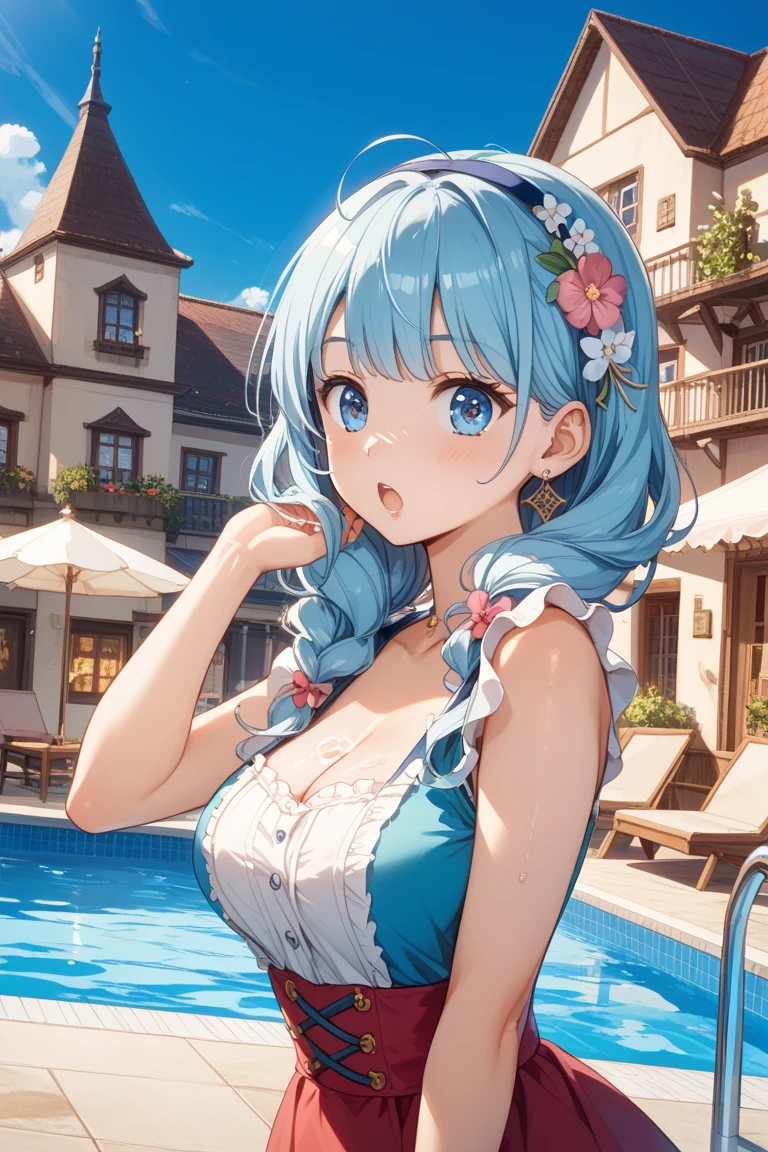 Anime girl in blue lingerie in the kitchen with sink and counter, ((masutepiece)), ((Best Quality)), 8K, detaileds, Ultra-detailed, Detailed and Intricicated, 1girl in, bob cuts, in one's underwear only, Light blue lingerie, Staring at me shyly, dark brown hair, swept bangs, long hair, wavy hair, shiny hair, hairclip, aqua eyes, (gradient eyes:1.3), glowing eyes, pupils sparkling, blush, bright pupils, glossy lips, cute face, slim waist, shapely legs, beautiful thighs, whole body, anime CG style, high definition, natural light, high detail, anime, dithering, image fill, perspective, Wide-Angle, f/1.8, 85mm, Sony FE GM, 8k, 8k wallpaper, super detail, highly detailed CG, UHD, retina, masterpiece, accurate, anatomically correct, textured skin, highres, best quality:1.3, 16k