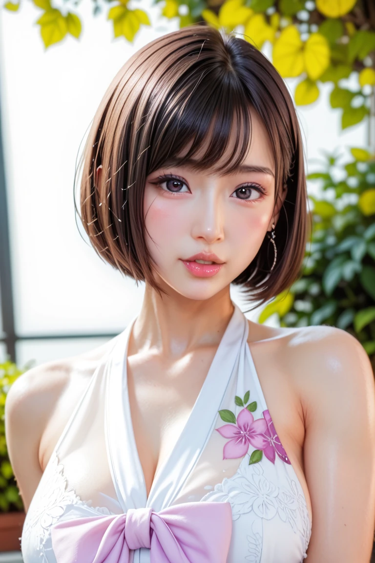 masterpiece, 1 beautiful girl, Fine grain, Puffy eyes, highest quality, Ultra High resolution, (Realistic: 1.4), Cinema Lighting, Japanese, Asian Beauty, Korean, so beautiful, Beautiful Skin, thin, Body Look forward, (Ultra Realistic), (High resolution), (8k), (Very detailed ), ( Best illustrations), (Beautifully Fine grain), (Very detailed), (wallpaper), Detailed face, The lighting is bright, Professional Lighting, View your viewers, Look forward, short hair, Dress neatly, The background is a bit blurred, street tree, Hair color is partly bright blue, camisole, Pencil Mini Skirt,