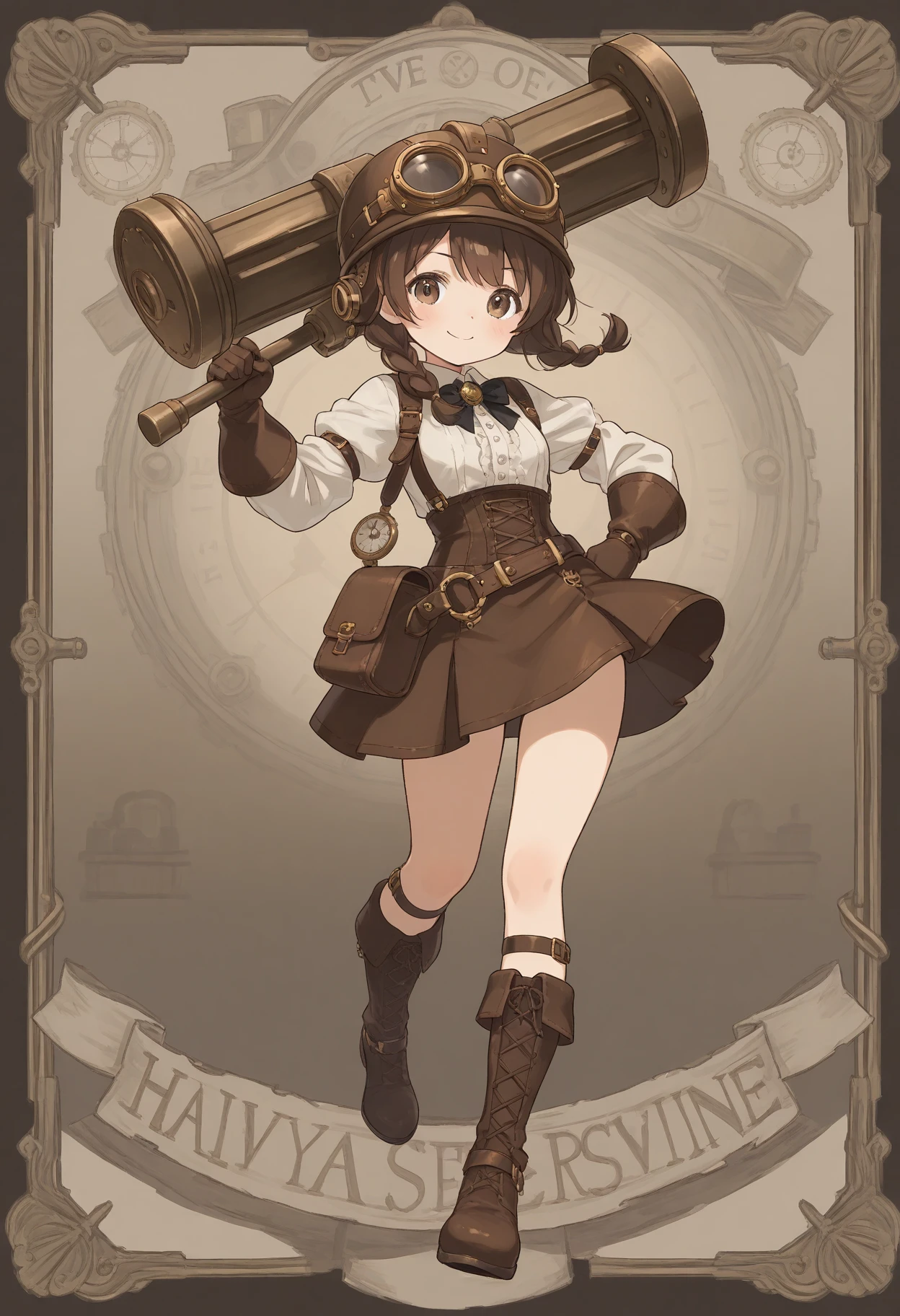 (finely detailed amber eyes: 1.2), (highly detailed:1.3), highly detailed face, pale skin, anime, young girl, cheer, smirk, darkened eyes, long messy hair, hair between eyes, black stripe tied to hand, light brown hair, vertically stripped pantyhose, oversized tunic, fantasy medieval clothes, brown leather boots, solo, standing, without background