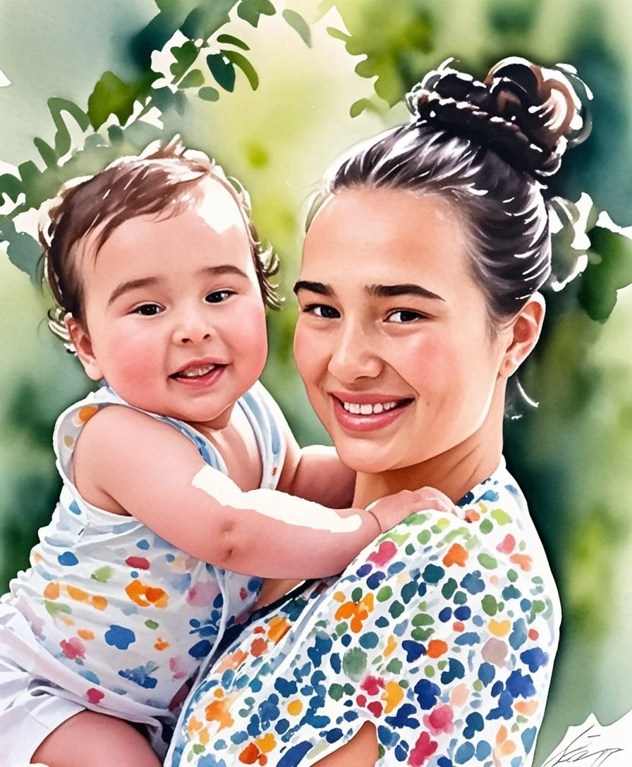 Mother hugging her son a drawing made by a  
