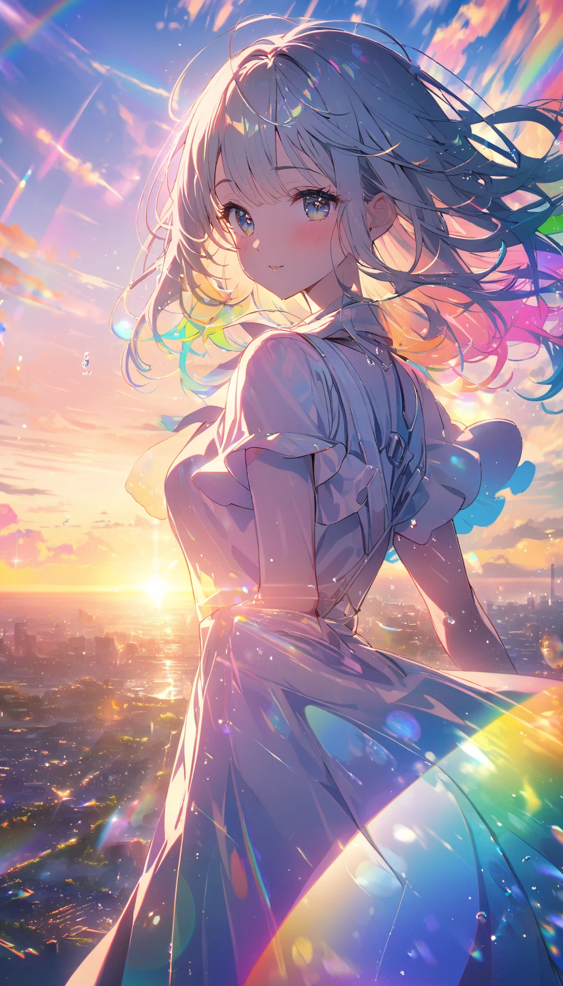 Angelic, detailed woman, sunrise, rainbow, after the rain, horizon, in the sky, city , lens flare, colorful, high-res, 8K