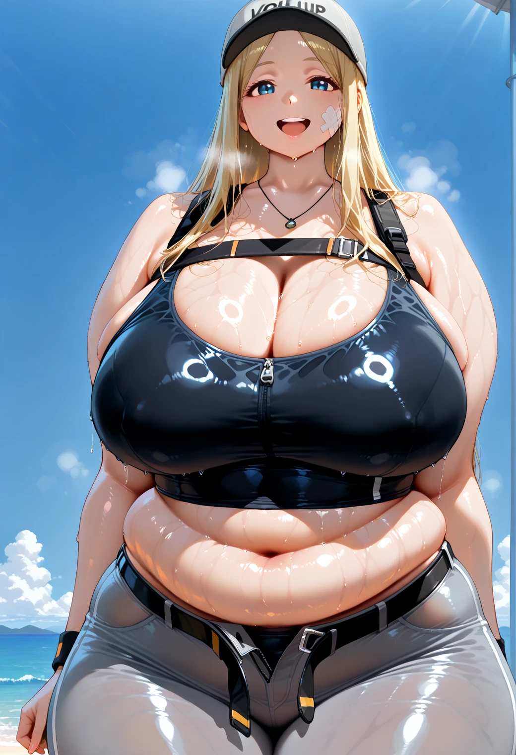 (((Anime amazon barbarian woman alone with huge blonde very messy and full hair and an extremely gigantic hourglass figure wearing a ridiculously tiny red bikini and short jean shorts))), ((very very tanned)), very muscular pirate amazon woman alone , alone, sensual woman, ((absurdly thick bimbo lips)), very ((Muscular woman)), ridiculously (((huge breasts))), absurdly small waist, enormously wide hips, Beautiful woman, absurdly thick thighs, huge hip bones, very thin waist, Pirate Stripper, (((absurdly tall))), intimidating woman, ((extremely voluminous hair, messy and wild-looking)), (((Extremely exaggerated proportions))), in a composition that accentuates its absurd height, hyper hourglass figure, ZZ cup giant breasts, Bikini and extremely small jean shorts, best quality, hyper wild and extremely messy hair, Hyper proportions, absurdly tanned , Anime art, hentai, NSFW, (((ridiculously gigantic breasts))), (((absurdly filled bimbo lips))), (((best quality), (((on a beach))), (((big body))), (((, but extremely strong))), (( (absurdly gigantic breasts))), (((ridiculously gigantic bimbo lips))), (((extremely tanned))), ((very muscular)), ((((Completely alone)))), (((whole body view))), (((Smiling angrily)))