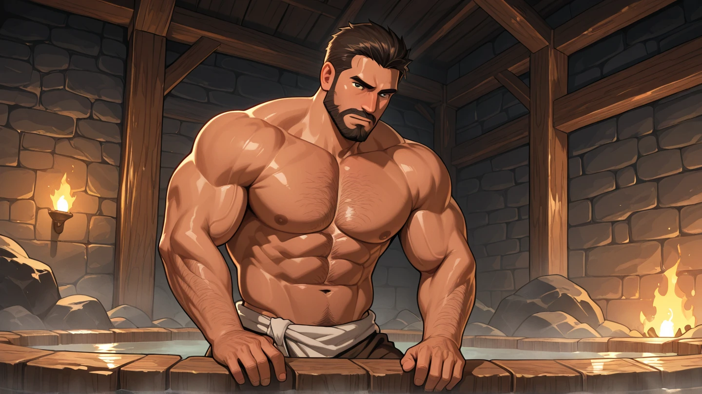(((1boy))) (male) ((front view)) ((facing viewer))
Handsome, very detailed flawless face, detailed open eyes, very handsome, epic, heroic, pale skin,
(muscular) bodybuilder, ((big muscles)), ((large pectorals)), narrow waist, ((very very long hair, in mullet cut, bicolor)).
((hairy chest)), ((hair legs)), seductive smile, a small pendant, with a (small brilliant star shaped white gem), Realistic face, realistic eyes, topless, (no beard or body hair), mismatched pupils.
Wearing red lingerie lace bikini.
Emerging from a (wooden house) entrance. It is (sunrise), cowboy shot.
Highly detailed fantasy art, dramatic volumetric light, artstation, beautiful modern fantasy illustration, ((anatomically correct)).