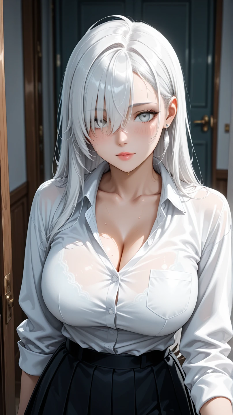 Beautiful girl, silver hair, white shirt, small breasts,