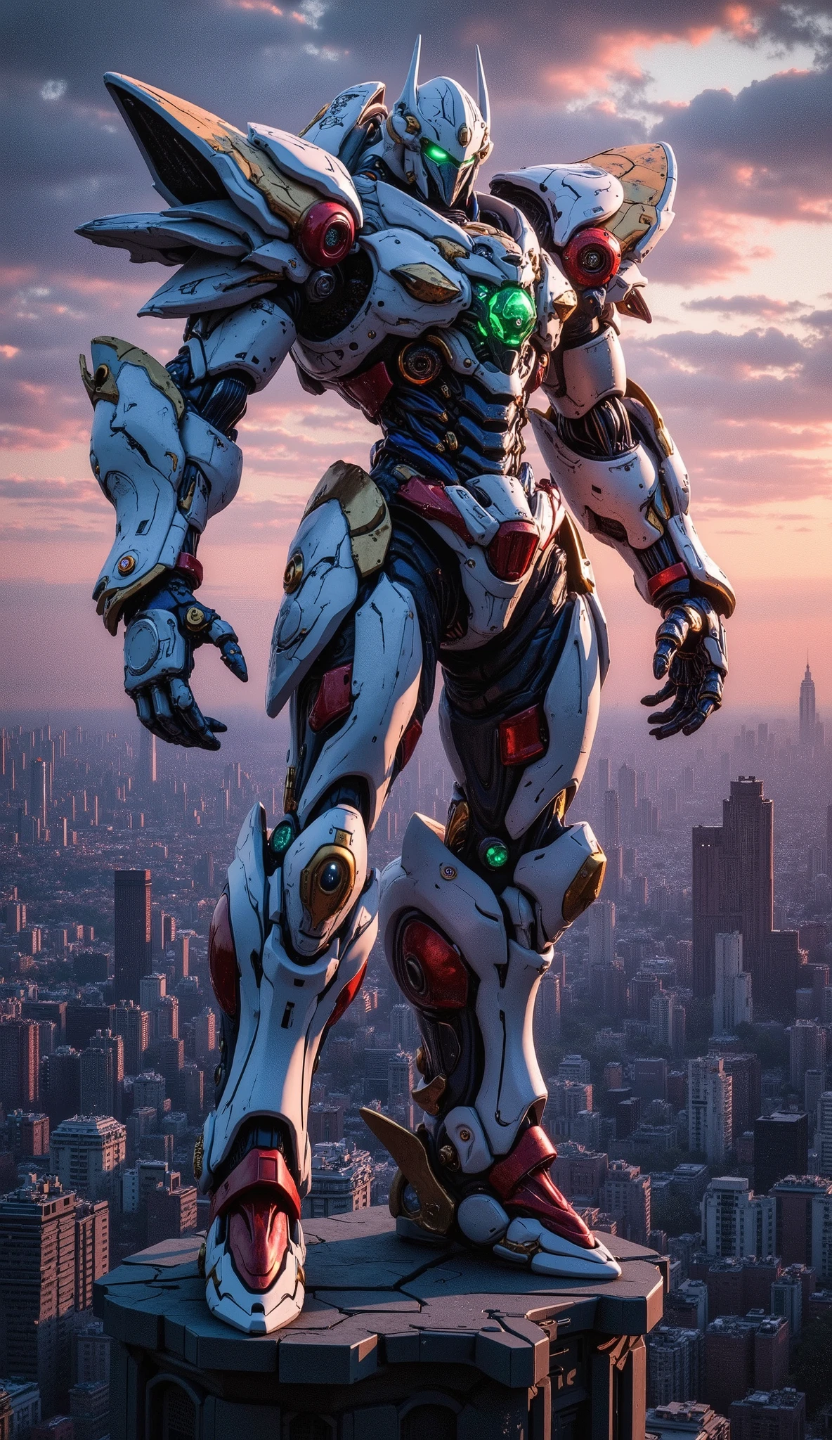 Masterpiece, ultra-detailed, professional digital art. A male Biomimetic humanoid Mecha, an elegant organic-tech fusion inspired by classic Super Robots, exhibiting a symmetrical design. Armor is primarily brilliant white and deep cobalt blue, with crimson red and polished gold accents, featuring a sleek metallic finish, glowing emerald green eyes, and luminous internal conduits. Adorned with subtle, strategically placed gemstones. The design masterfully balances heavy, protective plating with agile, graceful lines, showcasing perfect mecha anatomy. Full body view, the Mecha stands majestically, floating high above a sprawling, intricate futuristic sci-fi metropolis under a dramatic twilight sky. Dynamic cinematic lighting with volumetric effects and subtle lens flares. Art Style: A breathtaking fusion of Neo-Art Deco grandeur and the sophisticated biomechanical intricacies of Syd Mead and Masamune Shirow's concept art. Exquisite craftsmanship, dramatic epic composition, highly creative and precise rendering.