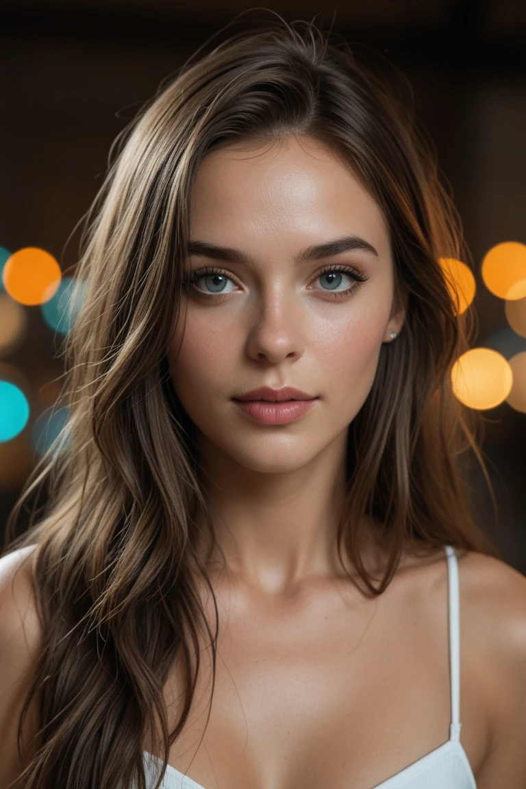 Extreme Beautiful girl from austria, hyperrealistic face, medium-sized eyes, small nose, long brown hair, 25 years old, medium breasts, dynamic pose, sexy clothes, belly, mystical dark light