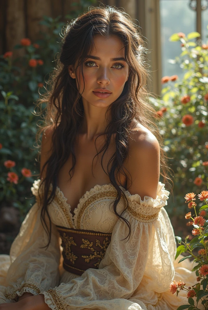 1 woman aged 25 from the 18th century, long black curly hair, skin detailed, pore, emerald green eyes, sunburned red cheeks, slightly pink plump lips, sitting in a garden wearing an elegant 18th century off-the-shoulder white dress and wearing a corselet highlighting her round breasts.