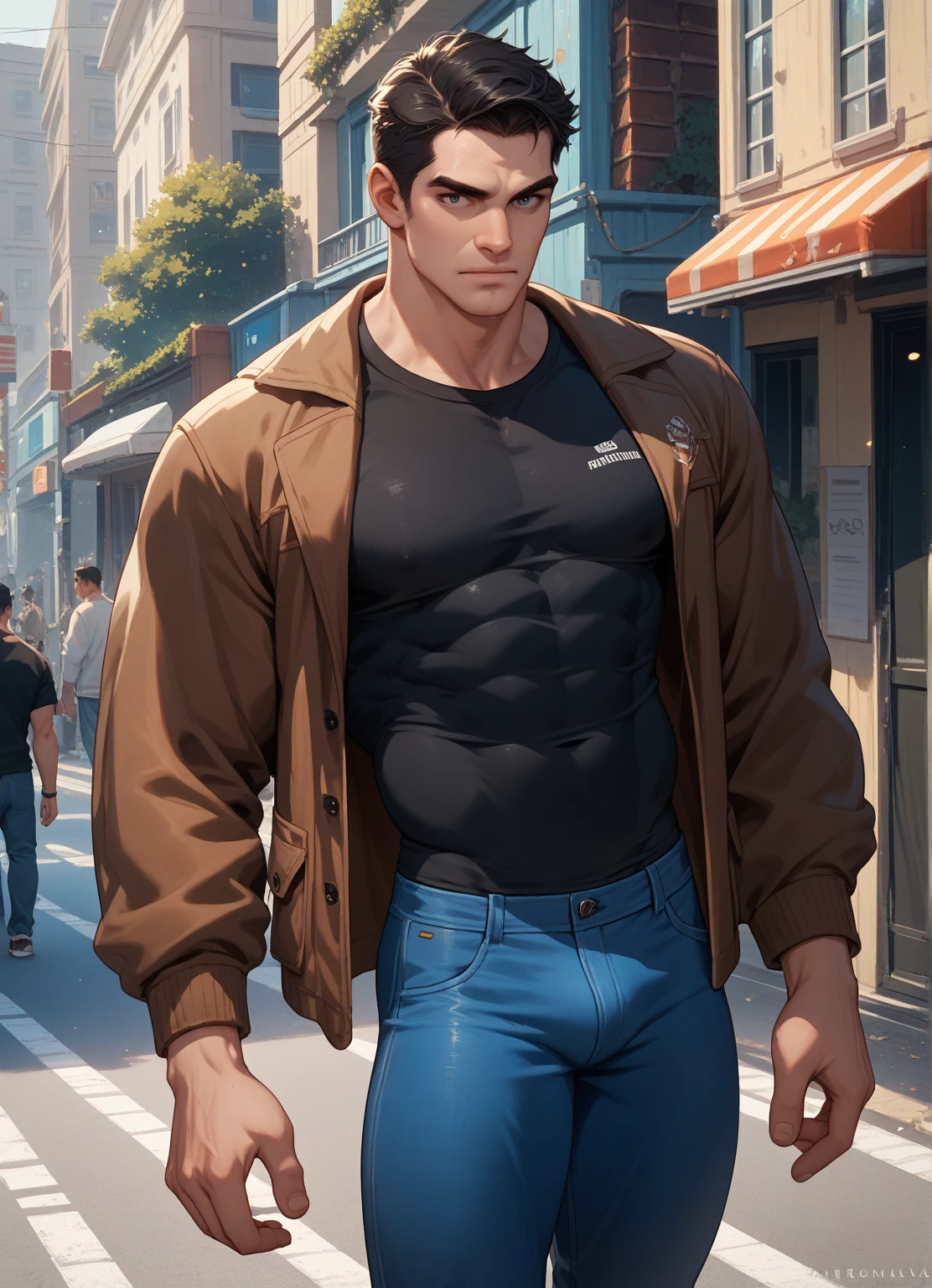 1man, black short hair, green eyes, wearing black shirt, gray jeans, city, absurdres, high resolution, ultrasharp, 8K, masterpiece, looking at viewer, wound on lip, {{toji fushiguro}}