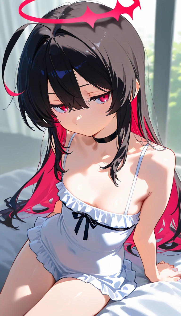 (8k、Top image quality、top-quality、masterpiece)、1 girl in、Black hair twintails、blunt bangs、red eyes、Show your teeth and smile、piercings、long ears、piercings、demonic horns、tiny chest、(Black Micro Bikini)、blackshort shorts、platform leather shoes、Sit on a black bed、wariza、Taken from above