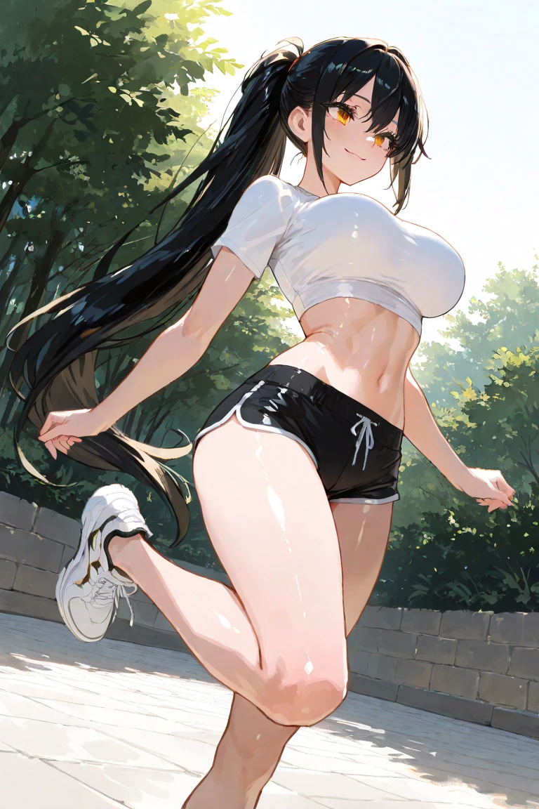 (masterpiece), best quality, highly detailed faces, (SHARP details), 4k, highly detailed, expressive eyes, SHARP detail expressive eyes, (SHARP detail perfect face), ((dark skin)), (bunny ears), (viera), ((black hair)), (choker) amber eyes, long hair, ponytail, wild tomboy hair, (large breasts), smiling, standing, (wearing tight white tank top), 20 years old, ((wearing tight cycling shorts)), ((solo)), nice hips, curvy, (((view from front))), , tall woman, outdoors, road, (cameltoe), midriff, big ass, crotch, ((sweat)), cleavage, (sweaty armpit), raised arm,