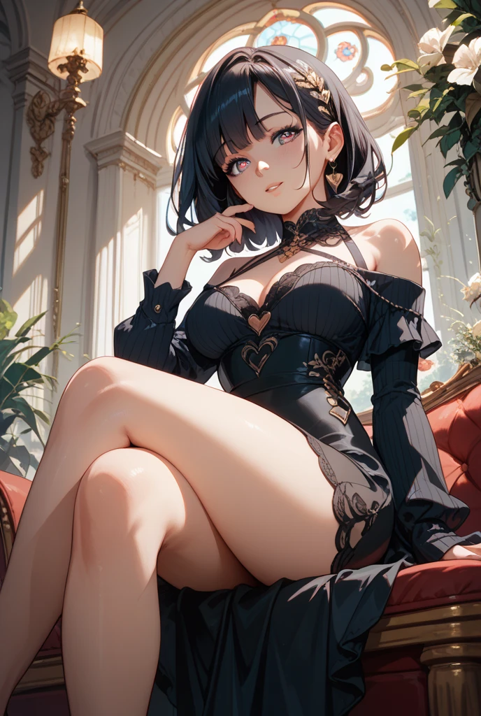 absurdres, RAW photo, extremely delicate and beautiful, masterpiece, Best Quality, ultra high resolution, 32k, hyperrealistic, ultra-detailed, delicate facial features, beautiful detailed woman, tearful mole, earring, medium breasts, full body shot, medium hair, black hair, maid costume,