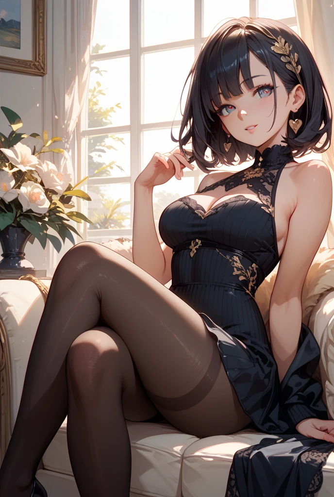 (1 person、alone:1.1), Beautiful woman, Anatomically perfect body, Slender、Casual Dresses, midi dress, (Look down:1.2), (detailed panty), (Pussy juice:1.1)、22 years old、(Highest quality)、Black Hair, (half updo, Formal hairstyle:1.2), bedroom、(8K, High resolution)、(shy:1.4)、medium breast, Thin legs、Small Ass、(steam:1.1), (embarrassed:1.3), sit、Bend your knees, (High heels)、High definition beautiful face