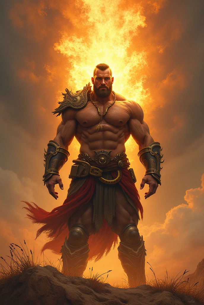 I would like a bald white man with a long braided red beard, an extremely strong physique, shirtless with tattoos covering his body and arms, a lion tattoo on his back, wearing black leather pants with pink details, a cloth tied around his waist, and holding a large golden axe in his hands. There is a spiritual lion behind him, and a great aura of power resides within him. I would like it to be in a mature style, and the art should be in a fantasy and RPG style set in the Old West.
