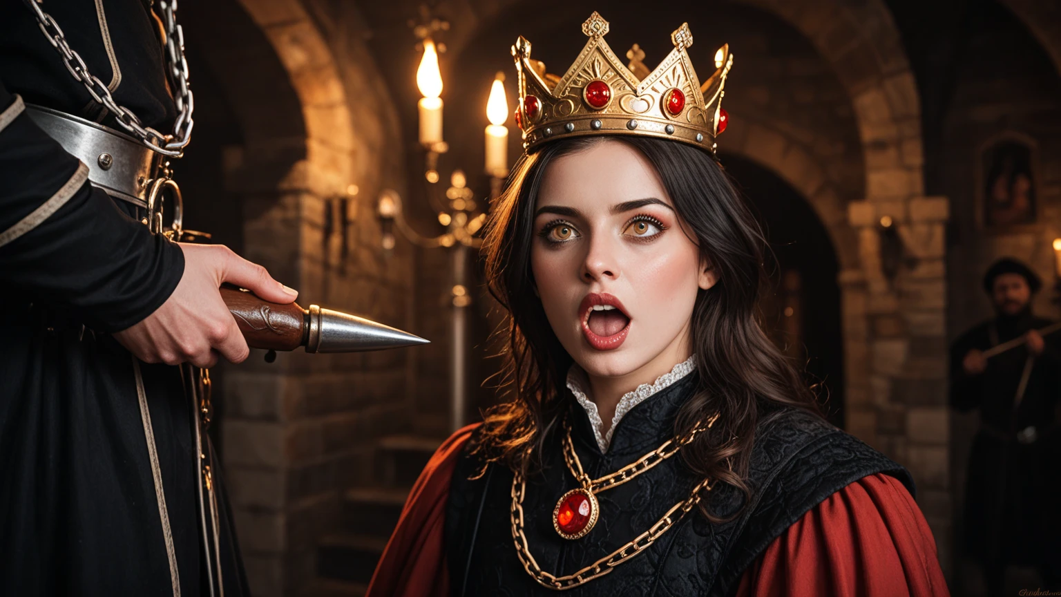 cinematic film still of Evil Queen (tongue out) a close shot of nipples exposed breasts woman (ahegao) in a golden crown and red costume is tied up in a prison cell with rusty silver chains in middle ages in 1500s 15th century, shallow depth of field, vignette, highly detailed, high budget, bokeh, cinemascope, moody, epic, gorgeous, film grain, grainy, high saturation