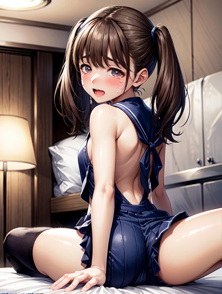 (top-quality: 1.3), (masterpiece: 1.3), (The ultra-detailliert: 1.3), (wall-paper, one girls: 1.3)、(Detailed hands and fingers:1.2)、(Detailed ultra-oily shiny skin:1.1)、oily shiny thighhigh、(New one-piece school swimsuit in beautiful dark blue color:1.2)、(Brown pantyhose:1.3)、Luxurious bedroom、Luxurious and luxurious bed、Brown hair、Naughty face、Burning face、(Beautiful Large Breasts:1.3)、poneyTail、Beautiful sister、(Lying on your back on the bed:1.2)、sexypose、Stretch your hands towards the ceiling
