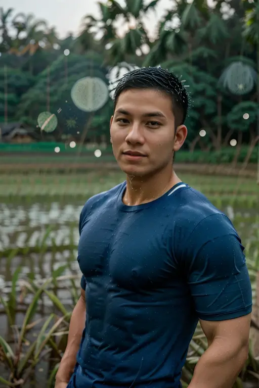 独奏 , 1 person , Image of a handsome Asian rugby player, short hair, no beard, muscular, big muscles, wearing a navy blue round neck t-shirt, wet, outdoors, rice field, countryside, hut, Thailand, Laos, Burma, Asia.