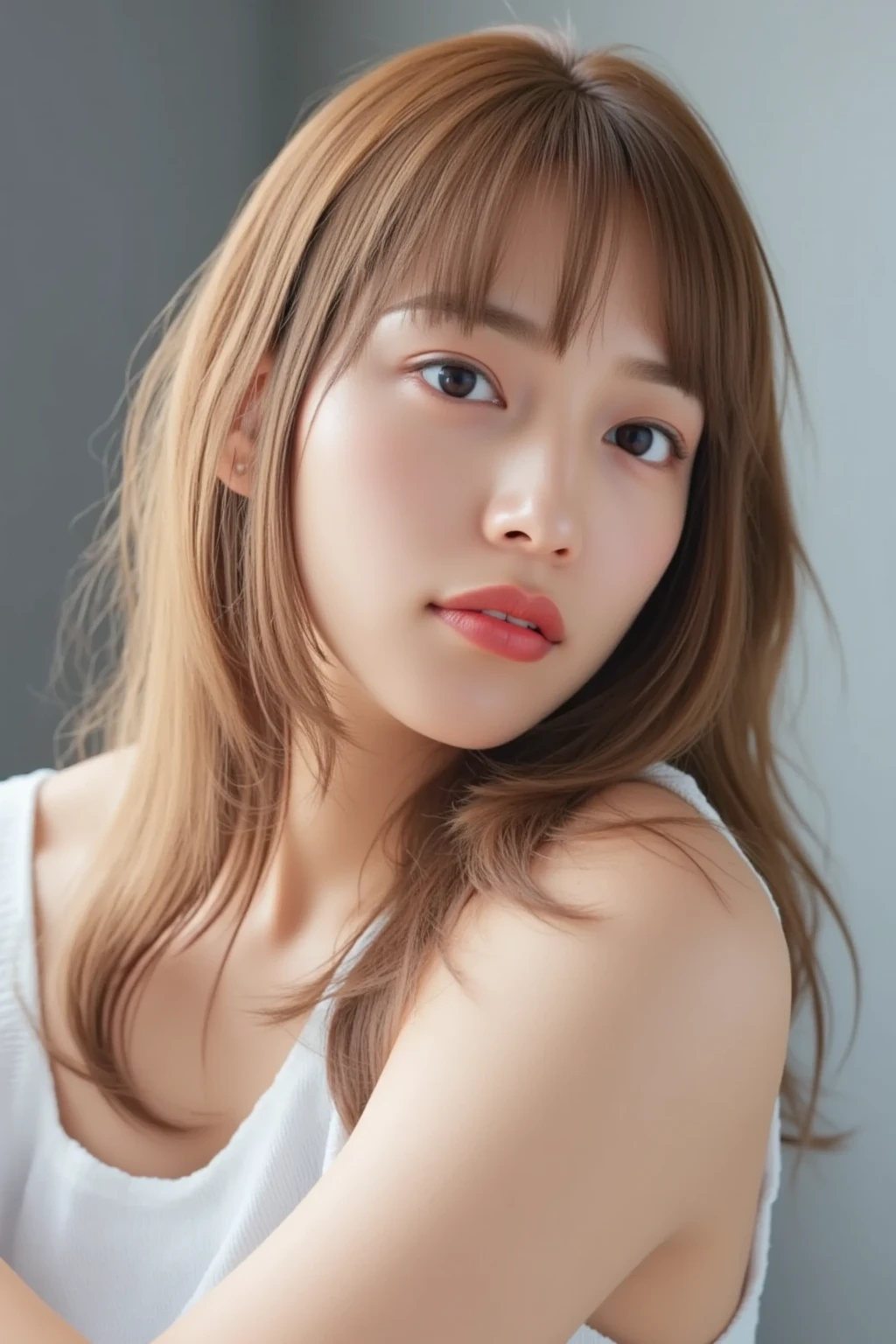 RAW photo, (best quality, 8k, 32k, masterpiece, UHD:1.2), ultra high resolution, (pretty a Korean teen girl of 13 years old), beautiful detailed eyes, long brown hair, bangs, (wearing magenta tank-top), large breasts, cleavage, portrait, (crowded city boulevard on a bright sunny day:1.2)