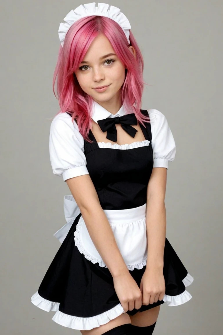 1girl, apron, bow, cube hair ornament, dress, frills, gloom (expression), hair ornament, heart, heart hands, long hair, looking away, maid, maid apron, maid headdress, mary janes, one side up, pink hair, shaded face, shoes, short dress, solo, sweatdrop, thighhighs, white thighhighs, zettai ryouiki, 