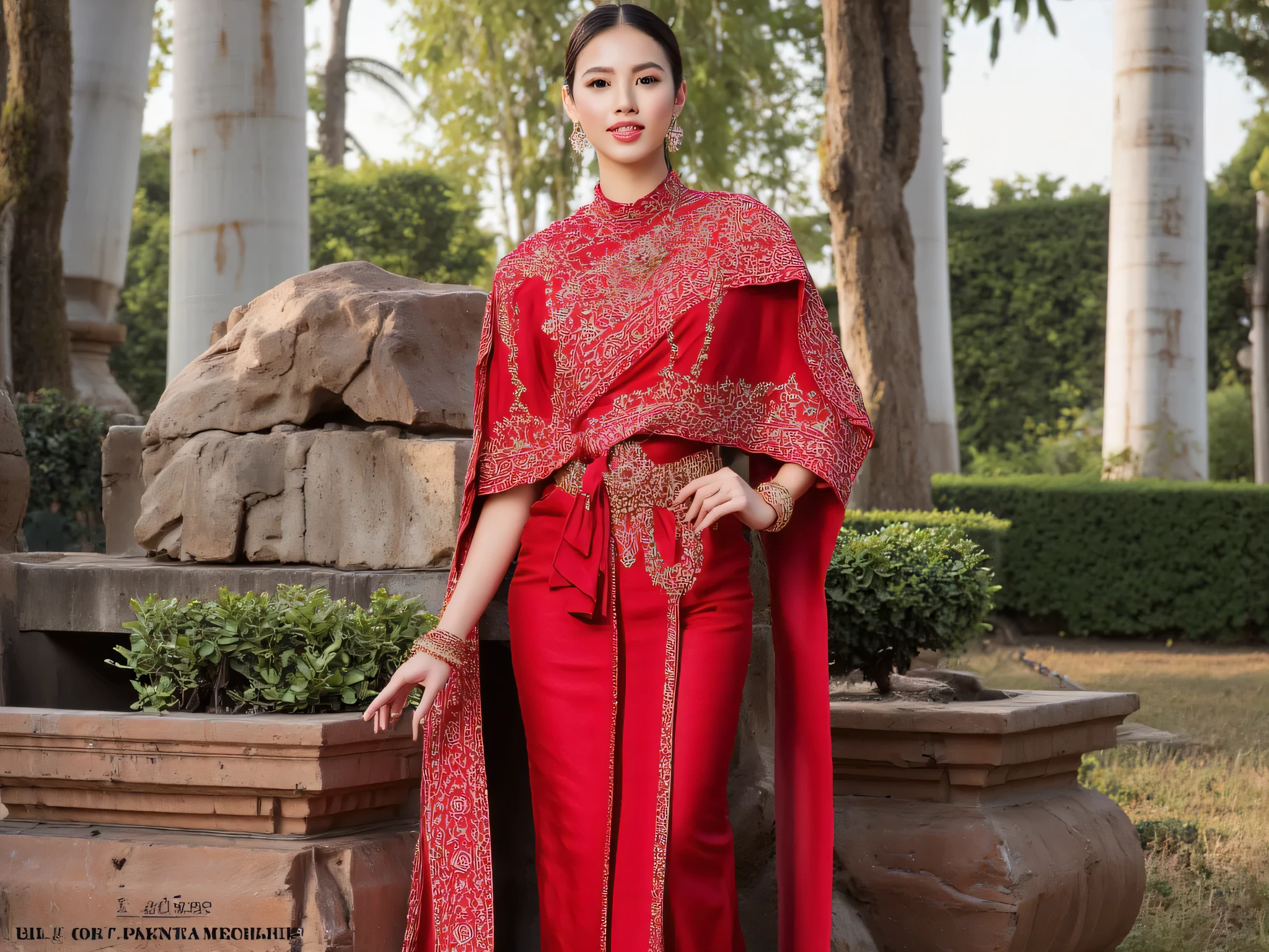 Beautiful young girl wearing a red dress, Wearing ancient Thai clothes, hugging knees, , bend your face down, Momma in front, Wearing Thai bandana, Red cloth used instead of pants, barefoot, Red Eyes, Sitting in front of temple stairs, wearing jada, มงกุฎยาวฉบับThailand, Red leaves fluttering behind as the sun goes down, Red eyes dripping from eyes, Sitting facing , Facing Looking at the front, Sad Necklace,, Thailand, Rattanakosin, Create music album images, Thai temple, above red sky, Create phonk music cover, Cracked tones, meme, ก้อนเมฆmeme, Evening sky, Sunset sun, Poster images, ทิวทัศน์memeผสมผสานความน่าขนลุก, ต้นมะพร้าวสีแดงสองต้นด้านหน้าThai temple, วัดสลักลวดลายmemeวิจิตรตระกาลตา, Sky-high angle, Right view, Animebilder, Old image,  without people, Lonely atmosphere.