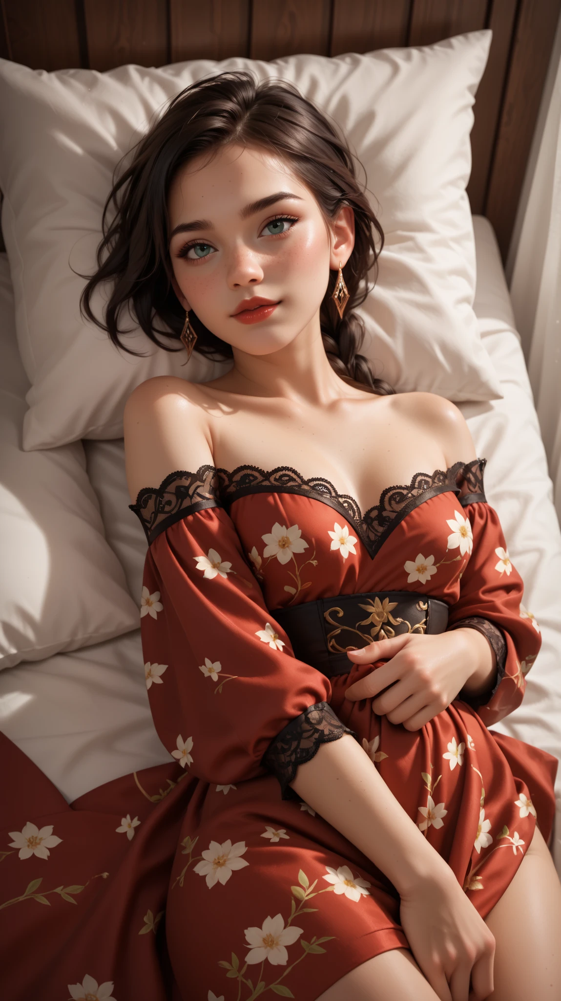 Amazing portrait of a woman who is 30 years old and an adult and a sexy woman in a bedroom with a beautiful detailed face emphasised by some amazing makeup wearing a red maxi dress with green floral patterns and a square neckline that emphasizes her medium chest and short sleeves pulled off her shoulder showcasing her bare shoulder with a lustful expression heightened by her seductive eyes with smokey eyeliner with her black hair in a long braid laying in bed and tilting her head to the side exposing her delicate porcelain neck as she's beneath us during night time with soft lighting showcasing her red lips and her beautiful face in detail and close up