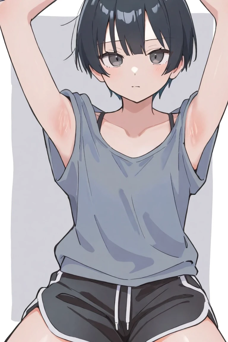 High resolution, masterpiece, The best quality at its best,最high quality,high quality, Height Details, One boy, Shota, オレンジのTank top, Wearing a headband, Tank top, (Smooth underarms), (Very young), (Very small and short body), S, (Show your armpits:1.3), Simple Background, little sweat