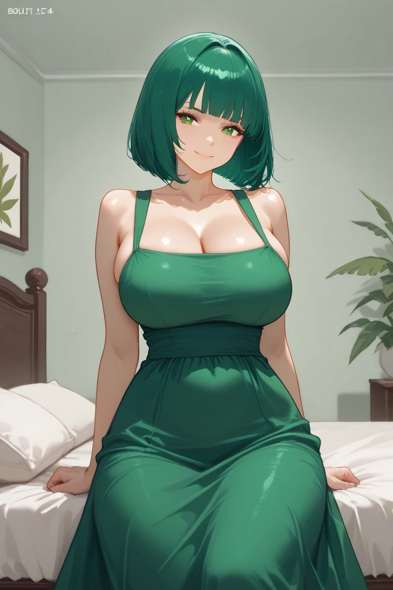 fubuki is from one punch man, translucent dark green dress, fubuki's whole body is visible because the dress is translucent, very big breasts, at the room, 8k