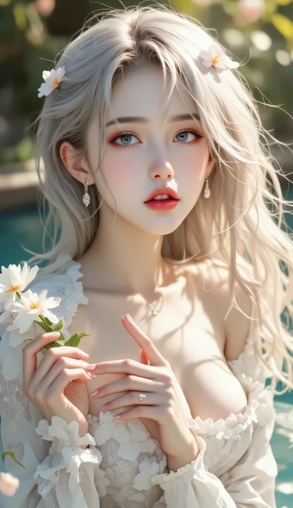 Photorealistic, High resolution, 1womanl, Solo, hips up high, view the viewer, (Detailed face), White hair, Long hair, Blue eyes、white  hair、silber hair、((Beautiful breasts :1.1)), ((((No panties, No bra)))), (Exposed breasts）0p、mix４, (Best Illustration: 1.1), (Best Shadow: 1.1), tongue、Vaginal orchids、Runny Vaginal Discharge、Blowing tide、Very beautiful breasts、Grasp your breasts with both hands、 Spread your legs、sexual excitement、Sex Expressions、shinny skin。realisitic、Photorealsitic:1.37)、）（closing eye）、(Kpop Idol)、lying on one's side、dishevled hair、Medium Hair、(Pink blush)、(illuminating)、[[Open legs、Spread your legs apart]]、(独奏)、dynamicposes、((erectile nipple))、(Puffy eyes:1.２)、 (Slim legs)、erotick、nffsw、Highly detailed ambient occlusion、超A high resolution, A hyper-realistic, Highly detailed, (yawning), (((exhibitionism))), ((she is soaking wet)).Photo