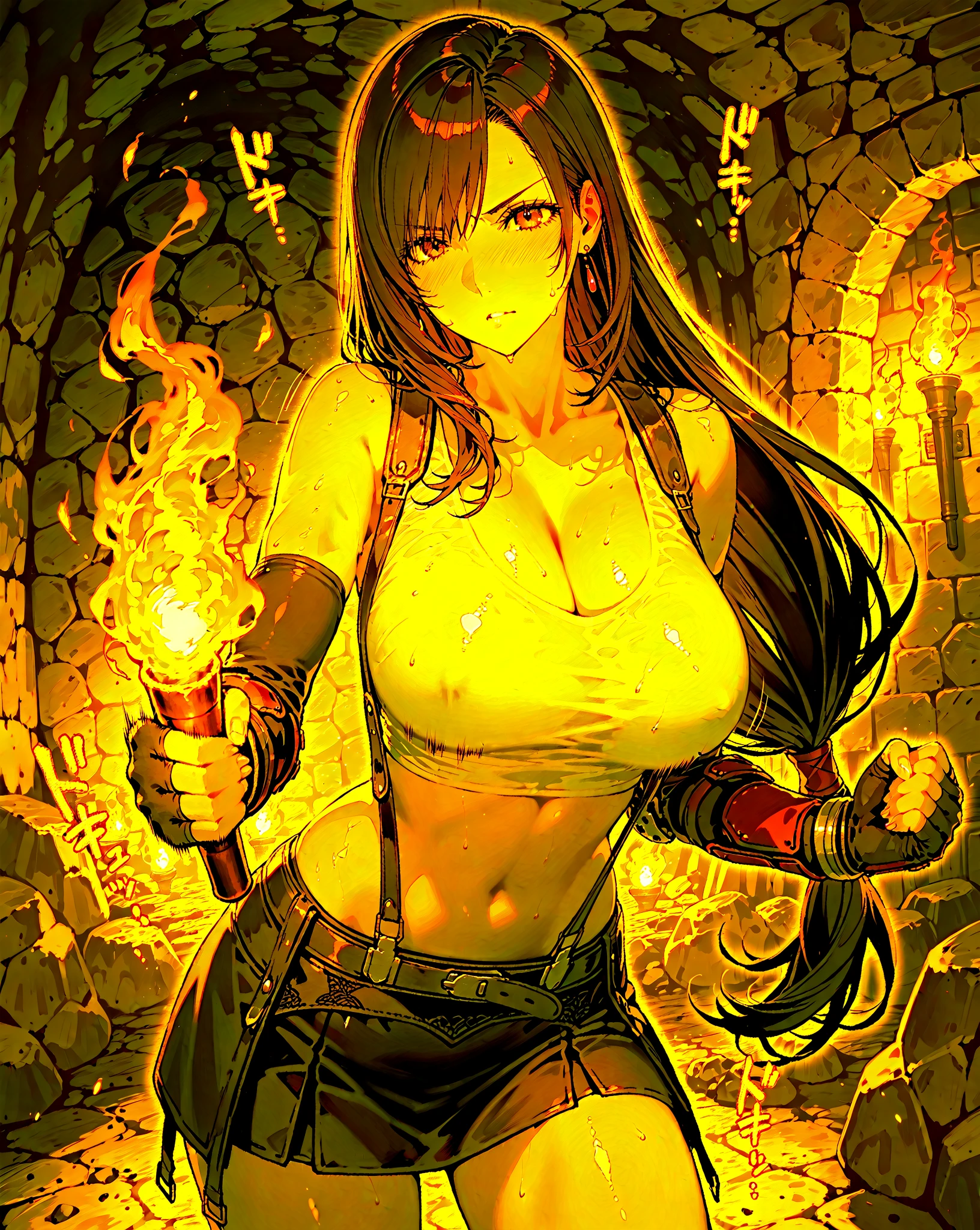 nanao yukiji style, 1girl, solo, Karlach, demon girl, demon horns, streaked hair, collarbone, huge breasts, heavy breasts, bouncy breasts, breast expansion, motion lines, fingernails, smile, smoking, cigar, smoke, smoke trail, full body, fire, pyrokinesis, beautiful lighting, dark forest, night, moonlight, masterpiece, best quality, very aesthetic, absurdres,