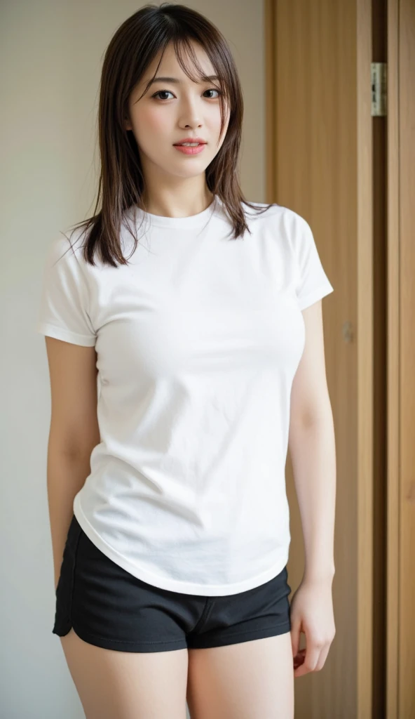 ((Highest quality, 8K, Ultra high definition)), ((masterpiece: 1.3)), (Perfect appearance), (Photorealism: 1.6), (AIF), (Portrait of a Japanese mature woman), (Japanese mature woman standing at the door), (Blurred Background: 1.8), ((A naked woman standing in the center of the screen)), ((Realistic skin texture)), (Fine lines all over the skin), (Dull skin), (Facial wrinkles), (Wrinkles around the eyes), double eyelid, Tear bags under the eyelids, (Short bangs), (Long Hair), (Disheveled Hair), (Slim body), (Small breasts, Flat Chest), (Small breasts), (T-shirt that fits the body: 1.4), (Bukkini Jeans), (Focus on the upper body),