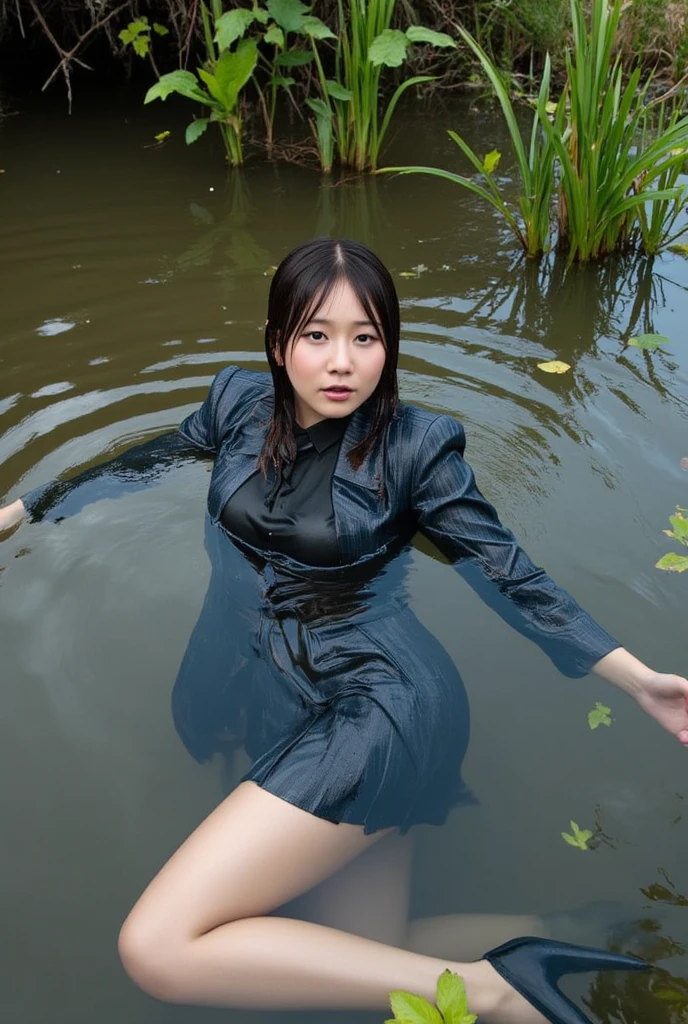 matronly hmong wetshirt with blunt bangs, green dress, flooded city street, new orleans, (large breasts:0.5), hurricane