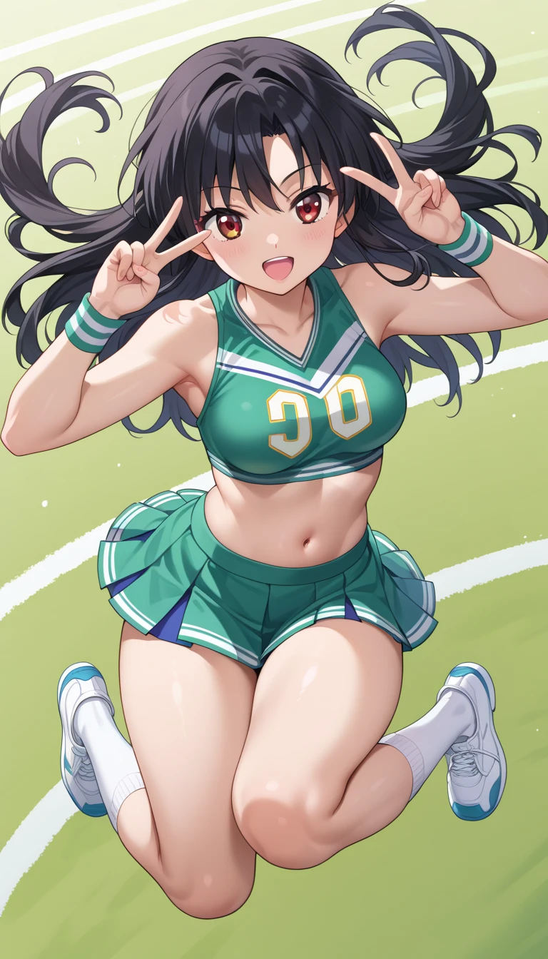 otokura yuuki, 16 years old, small breasts, beautiful legs, smile, open mouth, (standing split:1.2), (leg up:1.2), leg hold, panties, U.A. CheerUniform, orange crop top, orange skirt, outdoors masterpiece, best quality, ultra-detailed, high resolution, extremely detailed CG, official art, 1girl