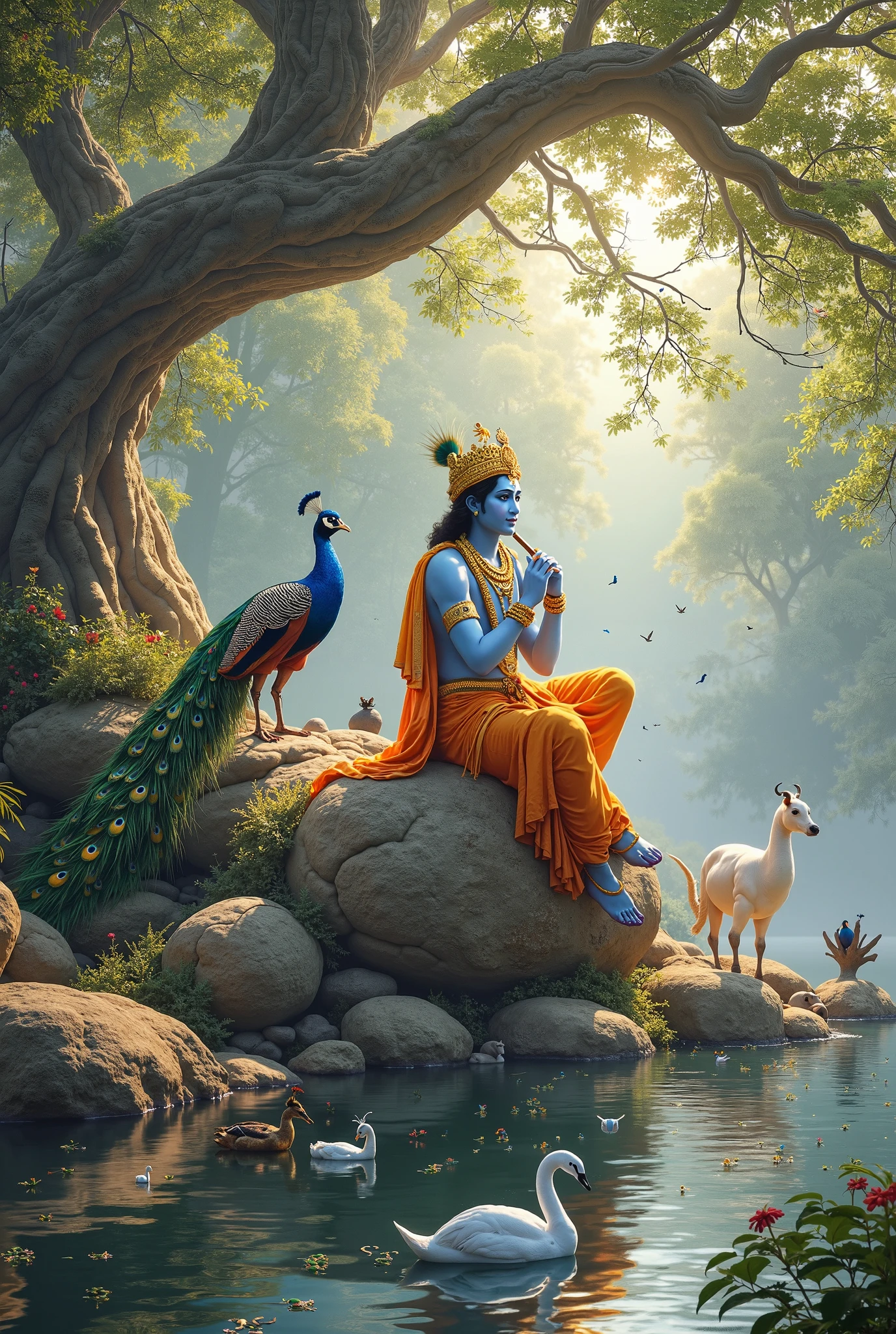 Krishna waiting for Radha in the river side sitting on the middle of the
tree and sleeping
with
cow and peacock by playing flute
Only genrate the photo
