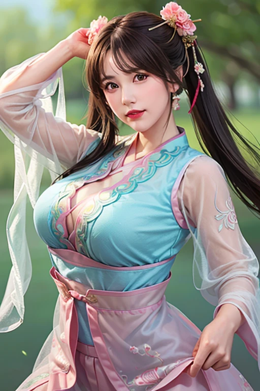 (masterpiece), (best quality), (ultra detailed),(highres), abrudrres, ultra realistic 4k CG, delicate pattern, intricate details, best illumination, best shadow, natural lighting, depth of field, blurry, 1girl, solo, medium_breasts,necklace,earrings,jewelry,black hair,solo,earrings,blue eyes,long hair,necklace,smile,hair accessories,shining skin,denim photo,Hanfu,floating hair,peach blossom,plum blossom,trees,outdoors,