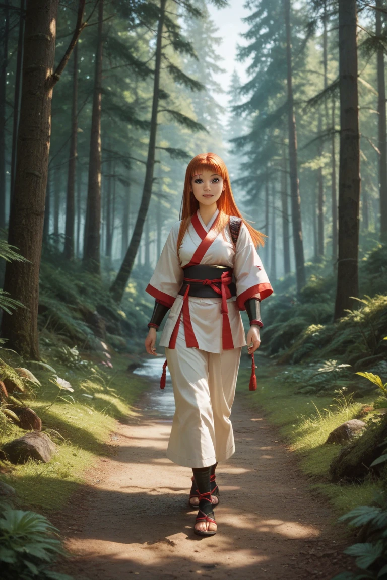 photorealistic, masterpiece, photorealistic, high resolution, soft light, hips up, blue eyes, ginger hair, long hair, Intricate details EABA, cloaks, kunais, Ninja, Armor, warrior, ninja band, Konan, Konoha forest