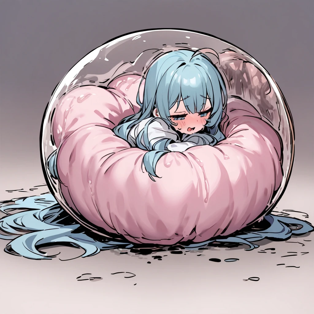 One giant blob of gelatinous slime holds a girl's whole body on the ground, squeezes and kneads her body constantly, the girl feels exhausted by it