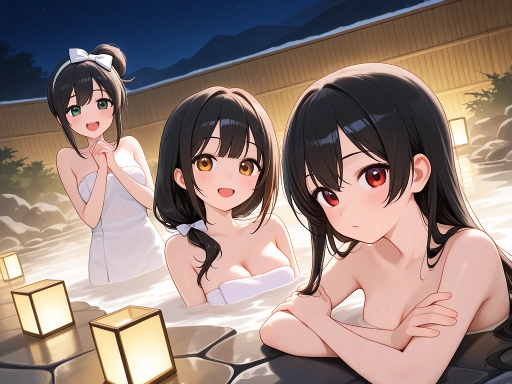 ((Highest quality)), ((masterpiece)), (detailed),Perfect Face,Strong light from the front,With front light,Fully nude classmates standing in a row in an open-air hot spring at night,