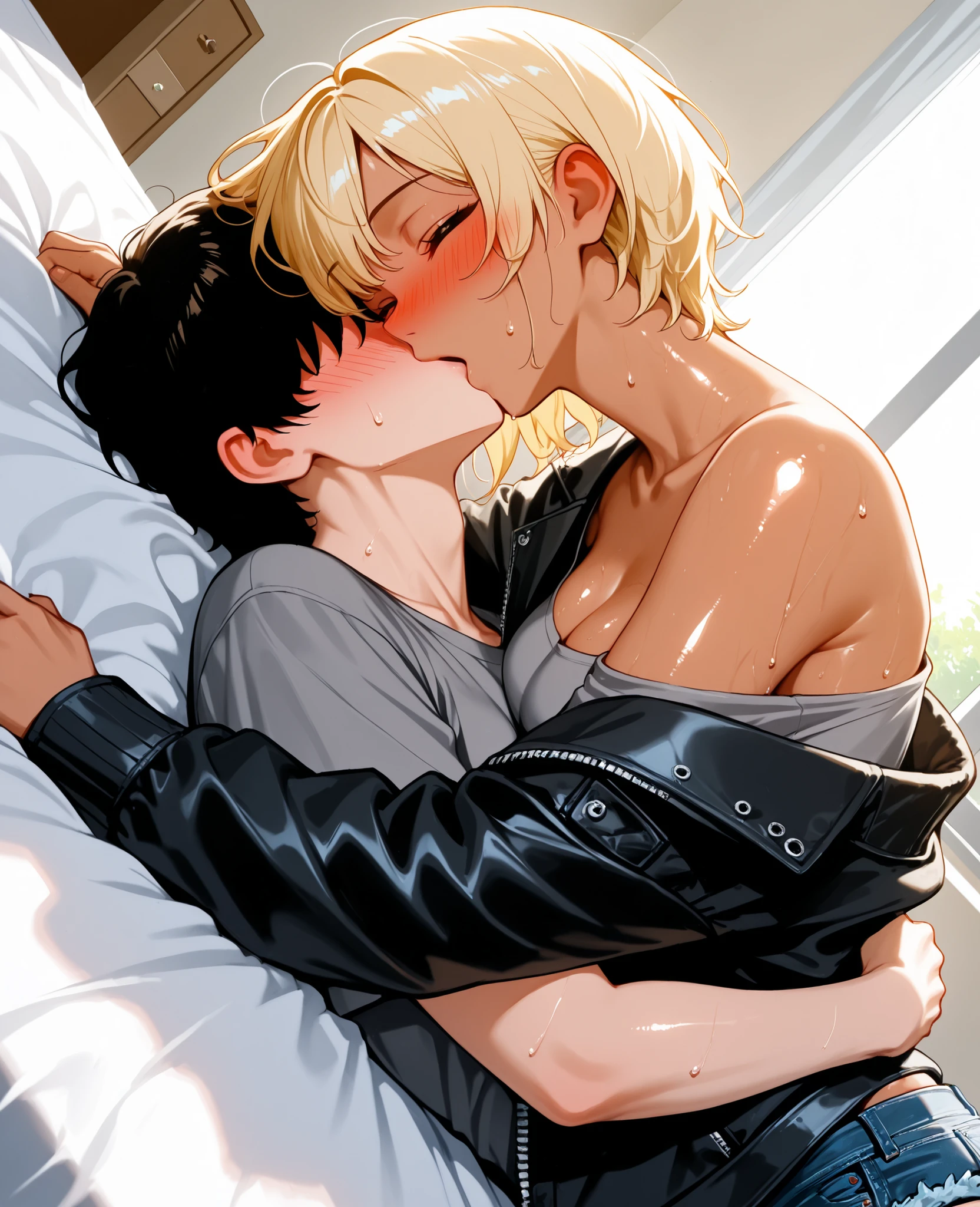 score_9, score_8_up, score_7_up, score_6_up, uncensored, Expressiveh, 2girls, long wavy dark hair, short cut blonde hair, orgasm, moaning in pleasure, brown eyes, indoor in a workspace, naked, necklace, choker, skirt, blush, sweat, cute girl, flushed, heavy blush, shy smile , arm over head, fucked from behind, lying on side, one leg raised, fucked in bed, grabbing , perfect bodytype, stockings, perfect feet, legs open, kissing neck, strap on, fucked by strapon, side-by-side position, spooning while fucking,, kissing, hand around head, panting, hairy pussy, motion lines, sweaty, intensely passionate sex