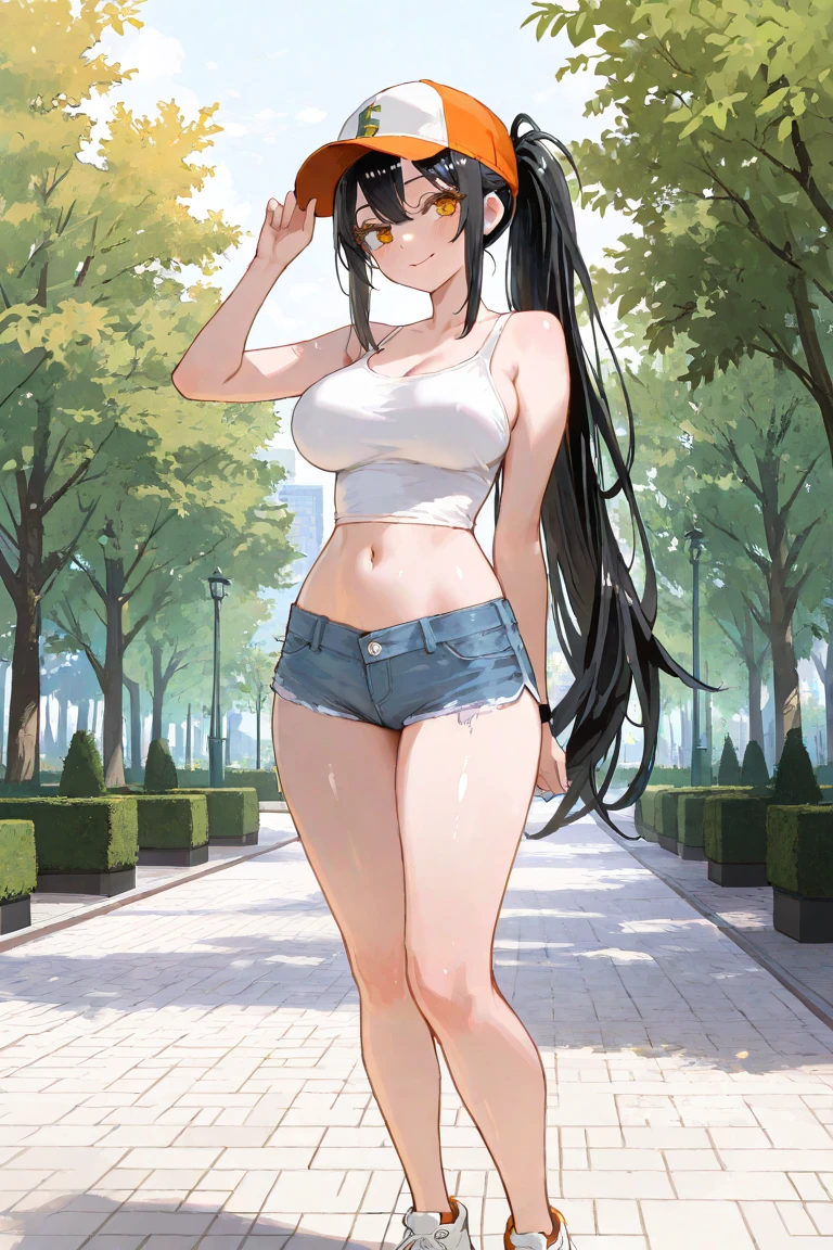 ((masterpiece)), (best quality), (beautiful hands), (perfect hands), ((ultra-detailed)), (perfect eyes:1.3), (cute face), perfect lighting, cute, adorable, colorful, vivid colors, (light pink lipstick), expressive eyes, eyeshadow, eyeliner, blush, (parted lips, smile), (silky, smoch skin), (solo:1.1), (green eyes), black hair, (straight hair:1.7), hairclip, (milkers:1.5), outdoors, full body, dusk, 1girl, solo, standing, (white croptop:1.5), cleavage, no bra, nsfw, <lora:highleg panties:0.9>, (highleg panties:1.3), (miniskirt:1.2), (arm side),